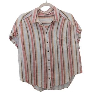 So Women's Camp Shirt 100% Cotton Multicolored Striped, Cap sleeve Sz XXL